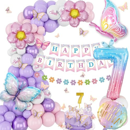 Geburtstagsdeko Mädchen 7 Jahre, Rosa Lila Geburtstag Ballons,Schmetterling Deko 7. Geburtstag Mädchen, Set Mit Schmetterling Folienballons, Alles Gute Zum Geburtstag Banner, Schmetterling Aufkleber