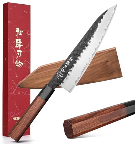 HEZHEN Coltello da Chef in Acciaio Composito,Coltello da Cucina con Fodero in Legno, Manico Ottagonale in Legno di Sequoia