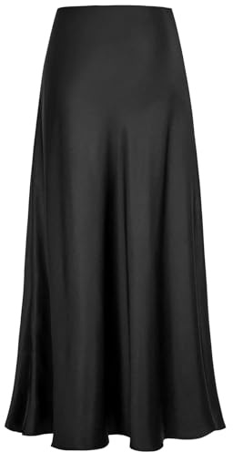 Genfien Women's Skirts High Waist Silk Satin Maxi Black