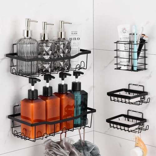 YA MI 5 Pack - Adhesive Hanging Shower Shelf - Bathroom Organizers and Storage, No Drilling Stainless Shower Shelves for Home Decor, Bathroom Accessories