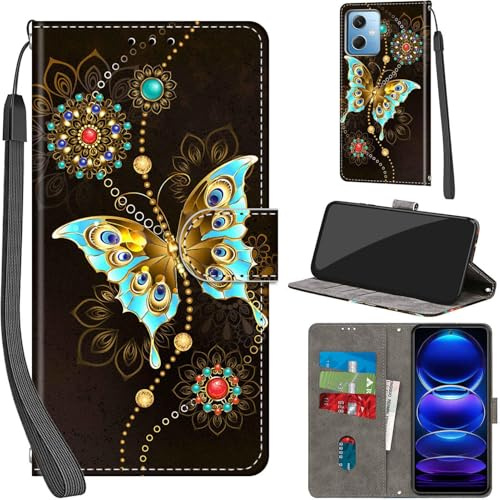 Haninsuze Funda para Xiaomi Redmi Note 12 5G PU Cuero, Mariposa Verde | Ranura para Tarjeta, TPU Resistente a Golpes, Cierre Magnético, Función de Soporte, Funda Abatible, Cartera
