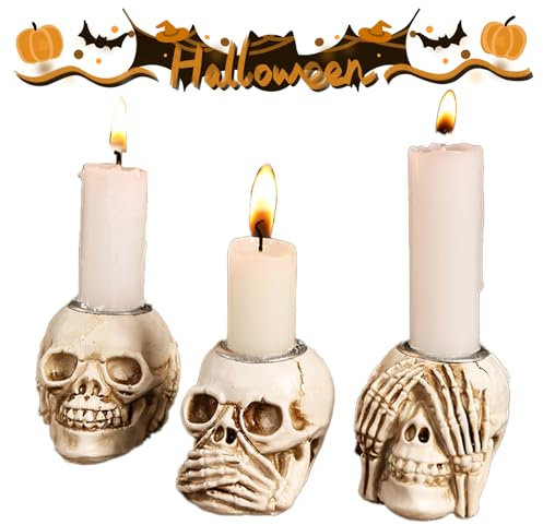 Totenkopf Deko Set, Smavles 3 PCS Halloween Totenkopf Skeletthand Kerzenständer Halloween Deko, Gothic Kerzenleuchter Schädel Kerzenhalter, Halloween Totenkopf Deko Teelichthalter