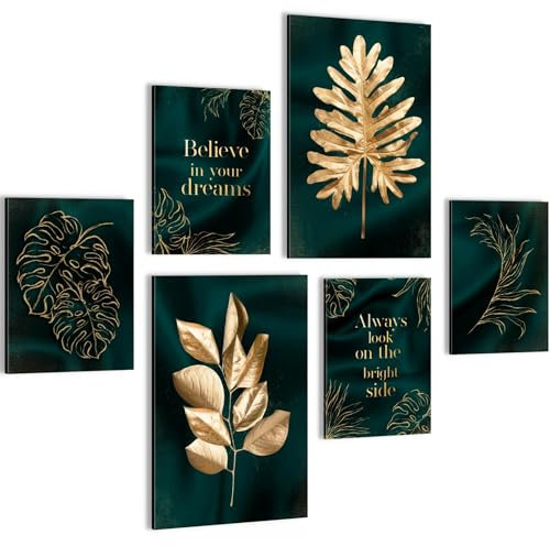 Novart Wandbilder Goldene Blätter - KOMPLETT AUFHÄNGFERTIG - Grün Gold Wohnzimmer Schlafzimmer Flur - 6 Moderne Mood-Bilder - N034467a