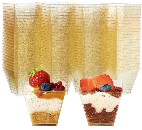 MATANA 200 Mini Hard Plastic Dessert Cups with Gold Glitter for Parties (Square 60ml) - Elegant & Reusable Dessert Pots for Cheesecake, Jelly, Puddings, Mousse, Tiramisu, Trifles