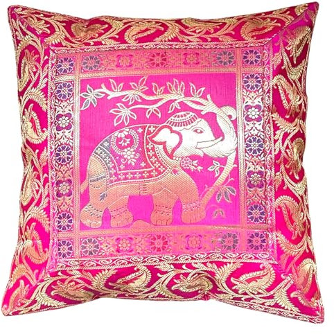 Original Kikan Kissenbezug aus indischem Elefanten-Mandala, Seide, Sari-Brokat, Boho-Stil, Heimdekoration, 40,6 x 40,6 cm, Reißverschluss, Banarsi, ethnisch, handgefertigt, Patchwork (Rosa)