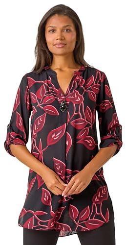 Roman Originals Shirt for Women UK Ladies Longline Top Collarless Blouse Smart Tunic Casual Evening Relaxed Fit 3/4 Length Sleeve Notch V Neck Long - Red Noir - Size 12