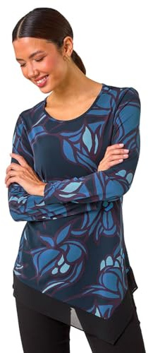 Roman Originals Chiffon Hem Top for Women UK - Ladies Asymmetric Hemline Stretchy Blouse Summer Spring Evening Vacation Work Holiday Short & Long Sleeve Smart Casual - Blue Wine - Size 10