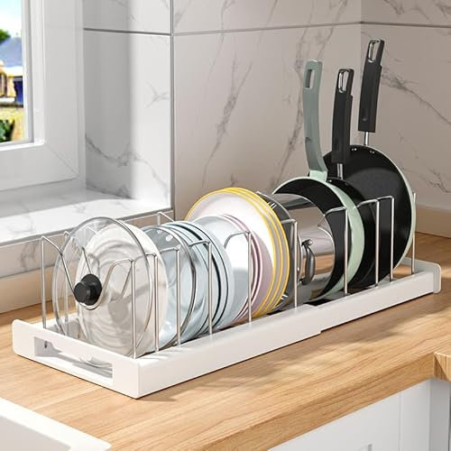 BRAVECOW Pan Lid Organizer 10 Adjustable Dividers ​Expandable Pot Lid Rack Storage Kitchen Drain Rack for Pots Pans Bakeware Drawer Cupboard​ (White)