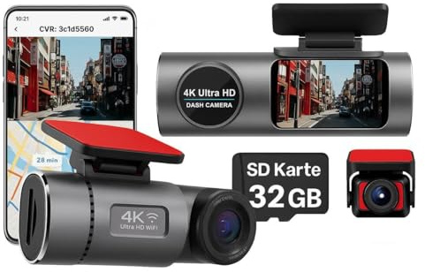 4K Dashcam mit WLAN & GPS, Front- und Rückkamera, Ultra HD Autokamera mit Nachtsicht, Parkmodus, G-Sensor, Loop-Aufnahme, Bewegungserkennung – Auto Kamera Set
