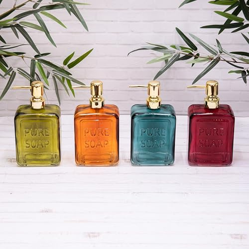 Retro/Vintage Ribbed Pink Green Orange Blue Glass Refillable Soap Bottle Dispensers with Gold Pump (Green)