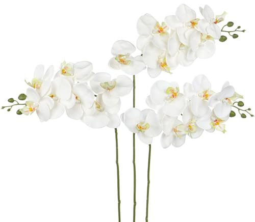 Briful 3 PCS Artificial Orchid Stems - 28.3 Real Touch Fake Orchid Stem with 7 Blossom - White Artificial Flowers Silk Phalaenopsis for Floral Arrangement, Centerpieces, Wedding Décor