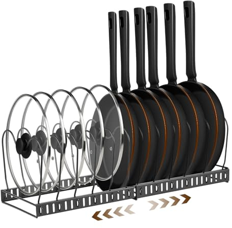 CROWNSHOP Pots and Pans Organiser Rack Adjustable Non-slip Dividers Pan Organiser for Cupboard Saucepan Storage Organizer Rack for Kitchen Counter Cabinet (Expandable Rack)