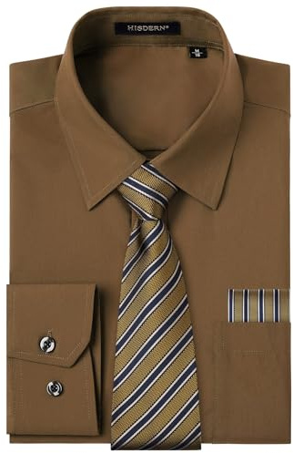HISDERN Men's Brown Shirts Long Sleeve Smart Formal Plain Dress Shirt and Tie Set Business Casual Wedding Regular Fit 3XL