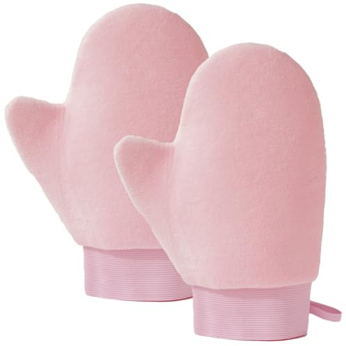 2 Pack Double Sided Velvet Self Tanning Mitt with Thumb Wrist(Pink) | Soft washable reusable self tanning glove for home travel sun lotion
