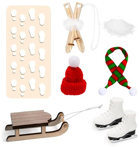 Rehecher wichtel zubehör Weihnachten,1:12 Puppenhaus Geschenke,Miniatur Weihnachten Wichtel Mütze Schal Skischuhe Schlitten Holz Skier Schnee Fußabdrücke,Wichtelzubehör für Wichteltür Deko