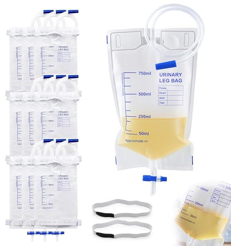 Sacchetto monouso per orina da viaggio, 750 ml, 10 pezzi, in PVC, con cinghia | Borsa da gamba per catetere con funzione di drenaggio e fissaggio alle gambe, adatta per uomini e donne