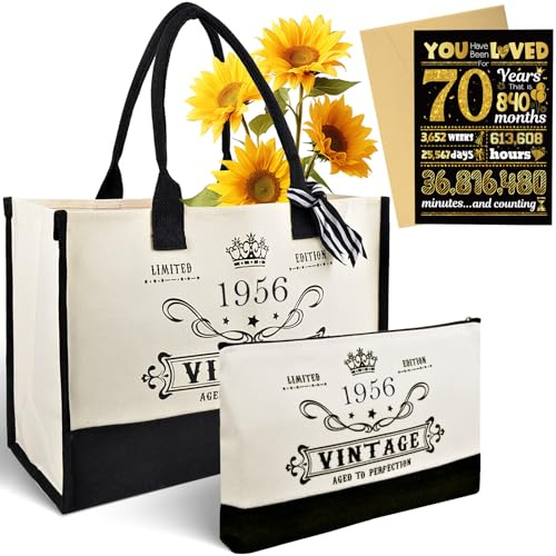 70. Geburtstag Geschenke für Frauen - 1956 Tote Tasche Geburtstagsgeschenk | Geschenkset mit Vintage Leinwand Handtasche & Kosmetiktasche & Geburtstagskarte, Geschenkideen für Freundin Schwester Kollege