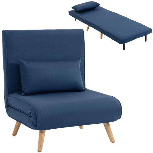 HOMCOM Sofá Cama Individual Plegable 3 en 1 Tapizado en Lino Azul Oscuro | Sofá Cama, Respaldo Ajustable 5 Posiciones, 1 Almohada, para Dormitorio, Salón