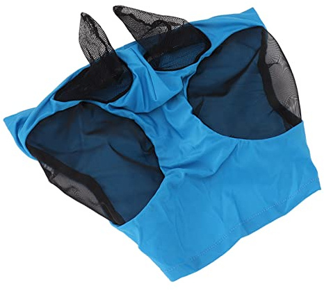 Duokon Masque Anti-Mouches pour Chevaux avec Oreilles en Tissu tricoté, Masque Facial pour Cheval 44 X 36 Cm, Couverture Respirante du Nez et des Oreilles, Bloc UV à 60% pour l'écurie des (Blue)