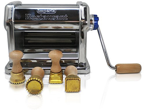 Imperia Bundle – Stufen Manuell Professionell in Stahl, Nudelmaschine robust und zuverlässig und 2 Formen Ravioli Ausstecher in Messing und Holz natur Made in Italy