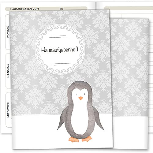 Olgs Hausaufgabenheft Hülle Black & White inkl. Heft Schulheft Schutzhülle Umschlag Geschenkidee Einschulung Grundschule (ohne Personalisierung, Pinguin)