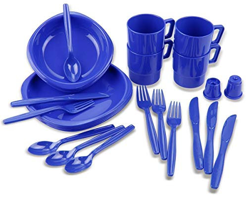 Black Snake® Camping Geschirrset | 26 TLG. bruchfestes Outdoor Geschirr- und Besteckset für 4 Personen | Royal Blau