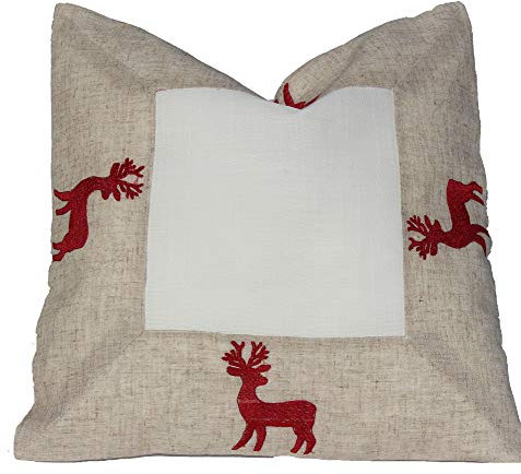 Kissenbezug - Hirsch - beige und weiß rot Bestickt sehr schöne Festliche Stickerei für Winter Weihnacht Tischdecke, Größe:40 x 40 cm