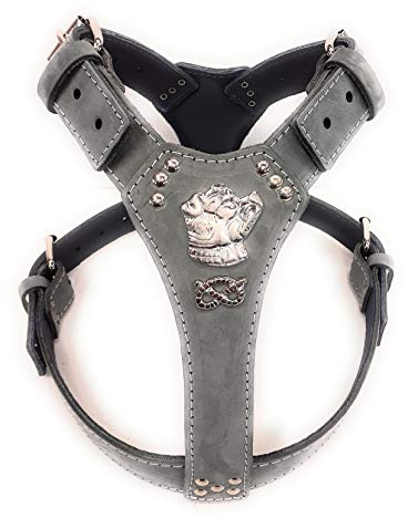 Leather Dog Harness Wunderschönes, graues Design mit Staffordshire Bullterrier Kopf und Knoten
