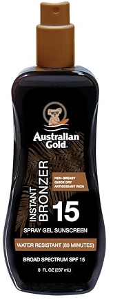 Australian Gold Spray Gel Sunscreen with Instant Bronzer SPF 15, 8 Ounce | Moisturize & Hydrate Skin | Broad Spectrum | Water Resistant | Non-Greasy SPF 15 8 Fl Oz (Pack of 1)