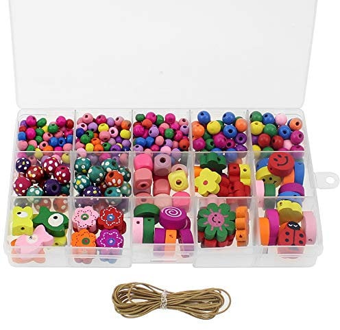 NewZC 400 Stück Handwerk Bunte Holzperlen 11 Arten Bunte Perlen Set Kinder Holzperlen mit Loch zum Auffädeln Bastelperlen Set für DIY Armbänder Schmuck Halsketten für Spielzeug ab 5 Jahre Mädchen
