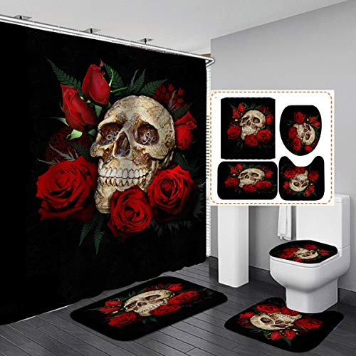 MOUMOUHOME Skull Shower Curtain & Bath Mat Set - Red Rose Printed, Black, Waterproof with 12 Hooks - Gift for Boys & Girls