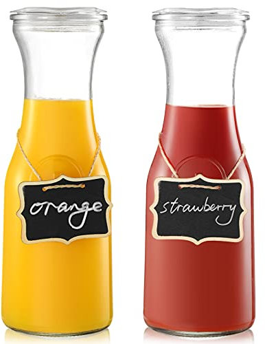 Set of 2 Glass Carafe with Lids, 1 Liter Water Pitcher Carafe for Mimosa Bar, Brunch, Cold Water, Beverage, Wine, Iced Tea, Lemonade - 2 Wooden Chalkboard Tags Included