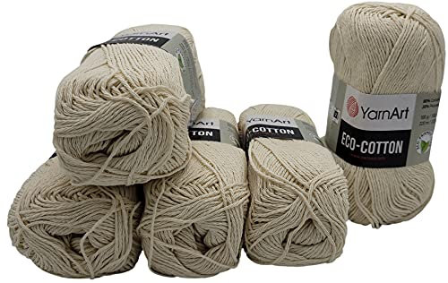5 x 100g Strickwolle YarnArt Eco Cotton mit 85% Baumwolle, 500 Gramm Wolle einfarbig (creme 762)