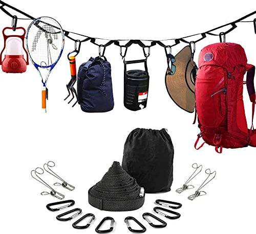 KARLOR 4.3M Camping Wäscheleine, Camping Seil mit 19 genähten Schlaufen 8 Karabinern und 4 Haken mit Clips für Reisen, Wandern, Picknick