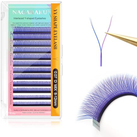 NAGARAKU YY Eyelash Extensions Blue + Purple Color Y lash 0.07mm D Curl Mix Tray 8-12mm Premade 4D Easy Fan Russian Volume Cluster 12 rows pre Fanned Eye Lashes