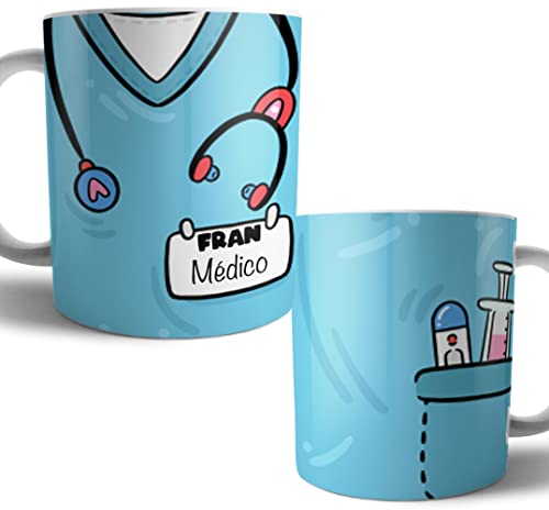 Kartoon Kase Taza Original Personalizada con Nombre | Taza Uniforme Profesiones de Cafe Desayuno para Regalar Enfermera Medica Auxiliar Tcae Enfermeria (Celeste)