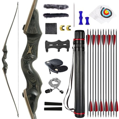 Black Hunter 60 Inch Archery Takedown Longbow Right Hand 30-55lbs | Hunting Longbow Set with 12pcs Carbon Arrows and Arrow Quiver,Longbows for Hunting Target Shooting