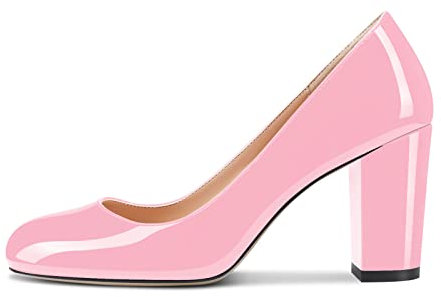 Aachcol Femmes Escarpins Bloc Chunky Haut High Talon Heel Fermé Rond Bout Slip-on Chaussures 8 CM Rose Vernis 40 EU