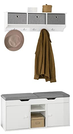 SoBuy Wandgarderobe-Set Flurset Flurmöbel Schuhbank mit Sitzfläche Flurgarderobe FSR96-W+FRG282-W