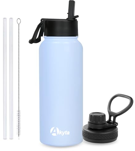 Akyta Bouteille d'eau de sport en acier inoxydable avec paille, couvercle à bec verseur - 950 ml - Bouteille d'eau isotherme à large goulot - Garde l'eau froide/chaude - Bouteille d'eau en métal pour