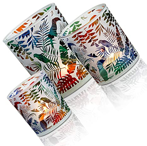 CHAMEEN Teelichthalter 3 er Set Windlicht Glas aus Tropisches Dschungelmuster Kerzenhalter Teelichtgläser für Tischdeko Frühlingsdeko oder als Geschenk