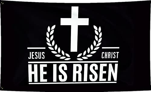 LUCKGEEY Jesus Christus He Is Risen Flagge, 6 x 90 cm, für drinnen und draußen, lebendige Farben, Doppelnähte am Rand, christliche Flaggen mit 2 rostfreien Messingösen. (Gehobenes Schwarz 2 x 3)