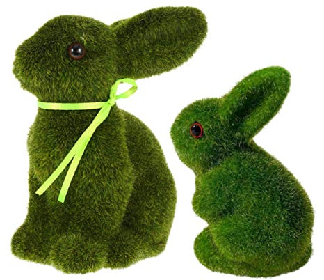 jojofuny 2st Osterdekoration Kunstrasen Hase Osterhasenstatue Torfhasen-Figur Mooshase Beflockte Kaninchenstatuen Tischdekoration Zu Ostern Grüner Osterhase Draussen Schaum Statuette