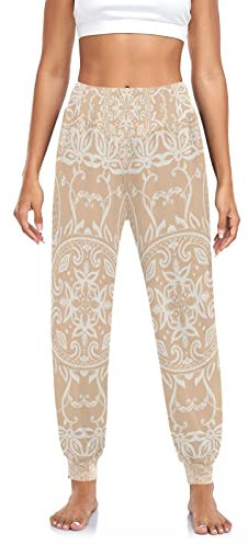 RPLIFE Rosa und Weiß Boho Haremshose Mädchen, Haremshose Frauen hohe Taille, Strandkleidung für Frauen niedliche Haremshose, Medaillon Vintage Boho, XXL