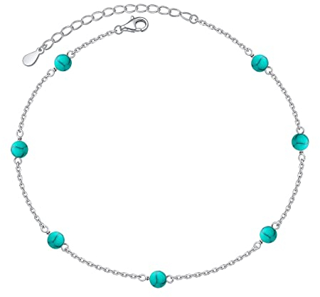 Flyow Erstellte Türkis Fußkettchen für Damen 925 Sterling Silber Verstellbar Boho Strand Perlen Knöchel Armband Fußschmuck Geschenk für Frauen und Mädchen, 9-11 Zoll