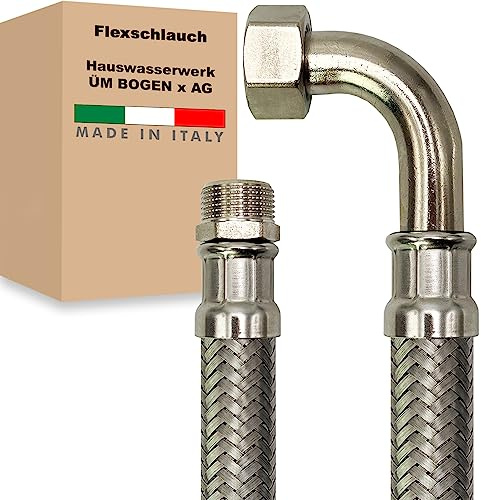Hauswasserwerk Flexschlauch 1 Zoll Edelstahl Panzerschlauch Anschlußschlauch Sanitär Armaturenschlauch Made in Italy (ÜM BOGEN x AG - 600 mm)