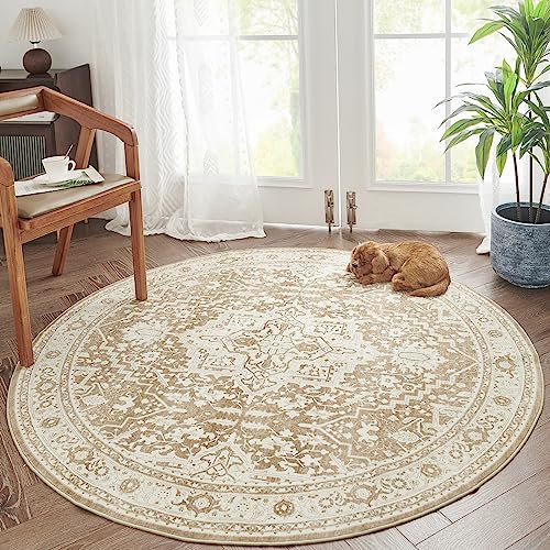 TOPICK Round Rug 120cm Vintage Taupe Washable Soft Rug Non Slip Circle Carpet for Kitchen Living Room Bedroom Dining Room Hall