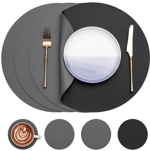 Myir JUN Tischsets 4er Set, Tischsets Abwaschbar Platzsets Rund Ø 38cm Platzdeckchen Rund Doppelseitigen rutschfest Platzsets Kunstleder Leder Tischset Lederoptik (Grau Schwarz, 4er Set)