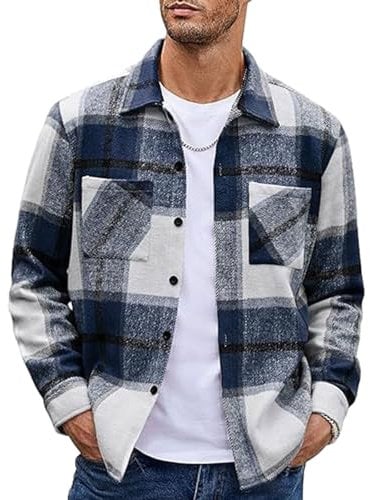 MakingDa Mens Flannel Shirt Long Sleeve Warm Thick Checked Shirt Button Down Casual Winter Plaid Shirts with Pockets Regular Fit Lapel Collar Check Shirt Jacket Smart Casual Work Shacket DarkBlue XXL
