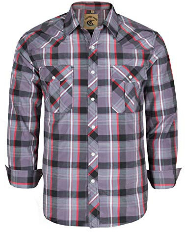 COEVALS CLUB Mens Shirts Long Sleeve Casual Push Button Plaid Suit Regular Fit Western Cowboy Pearl Snap Two Pockets Work Derss Button Up Shirts(Red & Gray #23 M)
